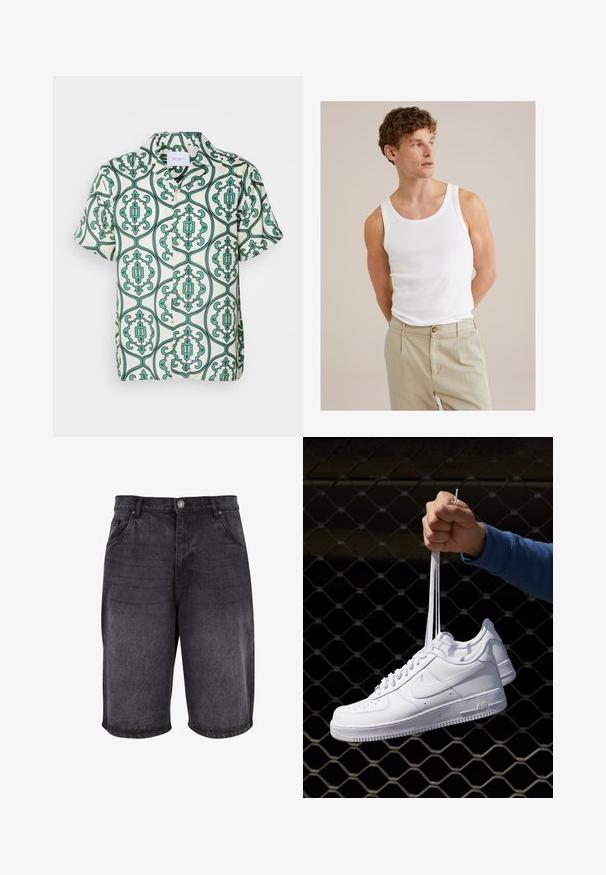 Les Deux ORNAMENT SHIRT - Krekls - ivory/vintage green; Balta kokvilnas bezšuvju blūze ar apaļu kakla izgriezumu un platajām siksnām, kombinēta ar gaismas beidzlaika biksēm ar pogu un krokām.; Melnas džinsu šortus ar brīvu piegriezumu, piecu kabatu dizainu un pogu aizdari. Audumam ir gluda tekstūra ar smalku izbalējumu.; Baltas ādas sporta apavi ar perforācijām, apaļu purngali, plakanu zoli un biezām šņorēm, ar redzamu swoosh logo un vārdu "AIR" uz papēža.