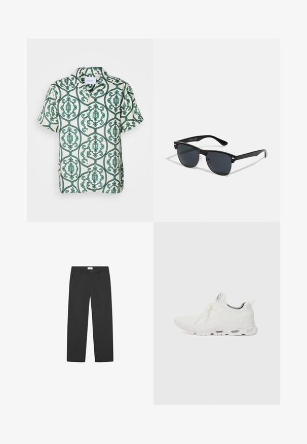 Les Deux ORNAMENT SHIRT - Košeľa - ivory/vintage green; Čierne nohavice vyrobené z ľahkej textílie. Majú rovný strih s plochým predným dielom, bočnými vreckami a diskrétnym pásom.; Biele športové topánky so štruktúrovaným pleteným zvrškom, plochými šnúrkami a odpruženou podrážkou s viditeľnými vzduchovými komorami pre dodatočnú podporu.; Čierne slnečné okuliare s obdĺžnikovým tvarom, tmavými sklami, striebornými akcentmi na bočných okrajoch a matným povrchom rámu.