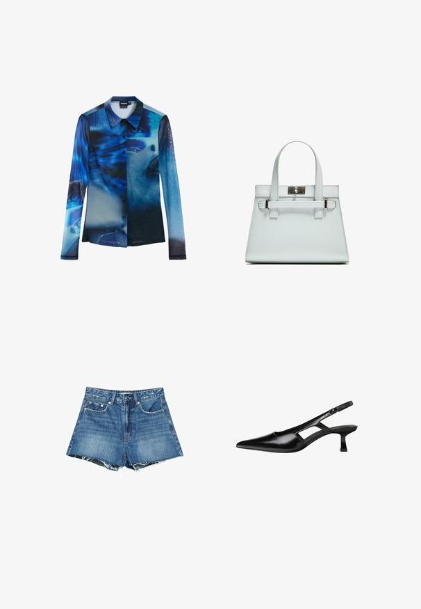Dlhý rukáv, košeľa s gombíkmi z priesvitného materiálu, s modrou abstraktnou grafickou potlačou obsahujúcou prvky tváre, klasickým golierom a prednými gombíkmi.; Džínové šortky v stredne modrej farbe s rozstrapkanými okrajmi, ktoré majú päť vreciek, pútka na opasok a detaily s meďou sfarbenými gombíkmi a nitmi.; Čierne lakované kožené lodičky na podpätku s špicatou špičkou, výrezovým dizajnom na boku a malým štvorcovým podpätkom. Hladký povrch s minimálnymi akcentmi.; Svetlomodrá kabelka so štruktúrovaným dizajnom, dvomi uchami a striebornou kovovou prackou. Textúrovaný materiál a ostré rohy.