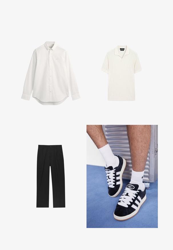 Witte katoenen overhemd met lange mouwen, knoopsluiting, een klassieke kraag, een afgeronde onderkant en een klein geborduurd logo op de borst. Voorzien van knoopsluiting.; Korte mouwen polo shirt in crème met geribbelde structuur en een vlakke kraag. Heeft een rechte zoom en een zachte stof voor comfort.; Zwarte broeken met een recht model, gemaakt van een gladde stof. Voorzien van een voorplooien en een enkele knoopsluiting bij de taille.; Zwarte suède sneakers met witte veters en drie witte strepen. Heeft een cirkelvormig zwart logo op de tong en een gumrubberen zool.