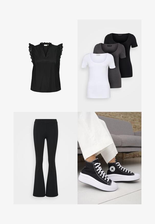 Fekete ujjatlan felső magas nyakkivágással és finom csipke fodrokkal a vállakon, amely diszkrét, sima textúrájú.; Három szűkített T-póló fehér, szürke és fekete színben. Mindegyik széles, kerek nyakkal és rövid ujjakkal rendelkezik. Simább, elasztikus anyagból készült.; Fekete harangszárú nadrág, rugalmas anyagból készült, magas derékkal és sima felülettel. A nadrág a térdtől kezdve bővül.; Fekete magas szárú tornacipők fehér gumitalppal és fűzővel. Kör alakú logófolttal és kontrasztos fehér varrással. Vászon anyagból.