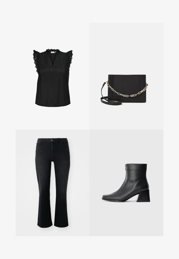 Svart ärmlös topp med hög halsringning och delikata spetsfärger på axlarna, med en subtil, slät textur.; Svarta jeans av denim med medelhög midja, framknapp, två framfickor, två bakfickor och utsvängd benklippning.; Svart läderankelboot med fyrkantig tå, sidodragkedja och klack mot en enkel ljus bakgrund.; Svart läder crossbody-väska med en slät yta, rektangulär form och metallickedjedetalj på framsidan. Justerbar rem ingår.