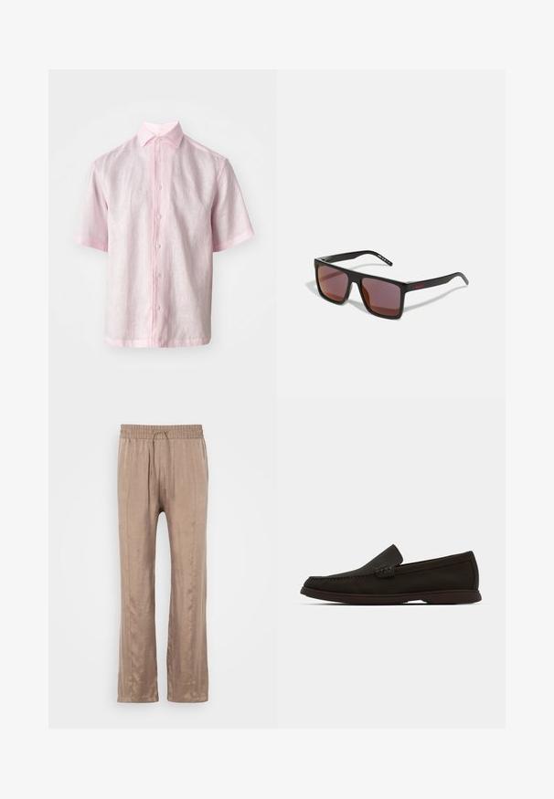Kortermet skjorte med knapper i lyserosa lin, med klassisk krage og rett snitt med subtil tekstur.; Lys brun, vid buks med glat stof, der har en elastisk talje med snoretræk og to frontersyninger.; Mørkebrune semskede slip-on loafers med sydd tå, lavprofil gummisål og teksturerte detaljer på overdelen.; Svarte rektangulære solbriller med mørkerøde linser, med matt finish og rødt logo på stangene. Solid plastinnfatning.