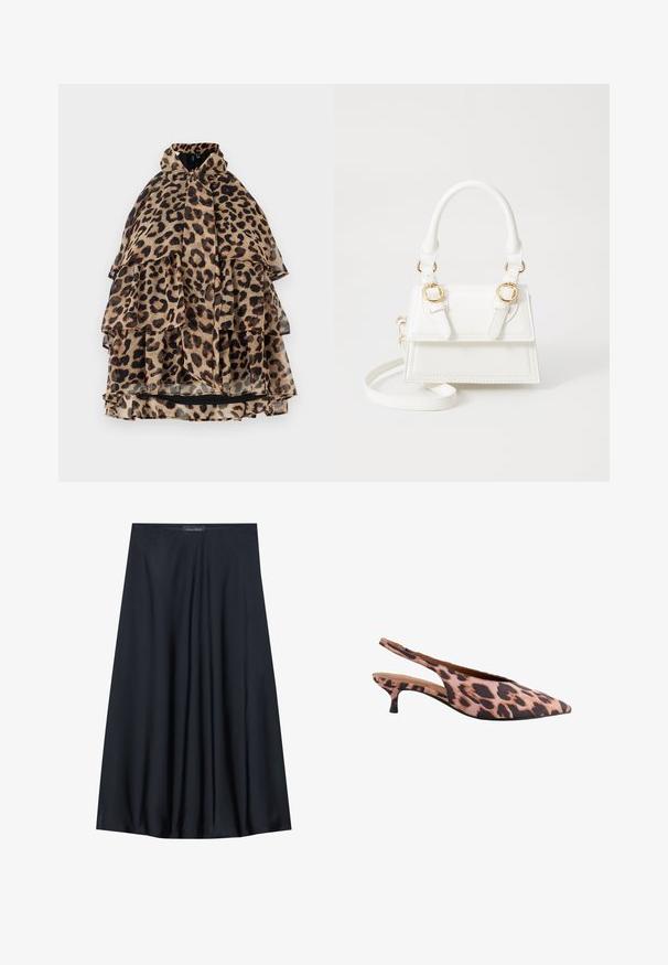 Peleryna w panterkę, warstwowa, z wysokim kołnierzem, przezroczystym materiałem, falbaniastymi warstwami i czarną podszewką. Paleta kolorów obejmuje odcienie beżu, brązu i czerni.; Czarna spódnica do kolan, wykonana z lekkiego materiału o zwiewnym kroju. Charakteryzuje się gładką fakturą i subtelnymi fałdami dla dodatkowego detalu.; Sandały z nadrukiem panterki, z wydłużonym noskiem, niskim obcasem typu kitten heel i teksturowanym materiałem. Kolorystyka obejmuje odcienie różu i ciemnego brązu.; Biała torebka z sztucznej skóry o sztywnej konstrukcji, z akcentami w złotym kolorze, podwójnymi uchwytami u góry oraz regulowanym paskiem na ramię.; Złoty prostokątny zegarek na nadgarstek z białą tarczą, srebrnymi znacznikami godzin i wytrzymałym metalowym bransoletą. Wbudowana funkcja wodoodporna.