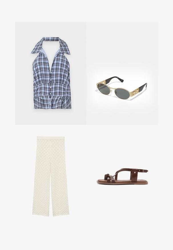 Top halter a quadri blu e bianchi con colletto, caratterizzato da bottoni sulla parte anteriore e orlo arricciato. Realizzato in tessuto leggero.; Pantaloni a gamba larga di colore crema con tessuto strutturato a motivo diamante. Presentano una vita liscia e una vestibilità morbida e ariosa.; Sandali in pelle marrone con multiple cinghie incrociate, suola piatta e cinturino alla caviglia con fibbia metallica. Design semplice e aperto senza motivi.; Occhiali da sole ovali con montatura in metallo dorato e lenti grigie. Presentano bracci in acetato nero con dettagli dorati e logo sui lati.