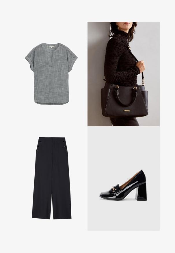 Pilkos raštuotos trumpomis rankovėmis marškinėliai su V formos iškirpte ir suktiniais rankovėmis, pasižymintys lengvu tekstūruotu audiniu ir laisvu siluetu.; Platus kojas kelnes tamsiai mėlynos spalvos audiniu, pasižyminčiu lygiu paviršiumi, su priekine kloste ir dekoratyviais auksinės spalvos žiedais šonuose esančiose kišenėse.; Juodas lakinės odos aukštakulnis batas su smailiu nosiu ir blokiniu kulnu. Papuoštas dekoratyviniu dirželiu ir sagtimi ant bato priekinės dalies.; Juodas rankinės maišelis su struktūrizuota paviršiumi, dvigubais viršutiniais rankenėlėmis ir reguliuojamu peties diržu. Įrengtas aukso spalvos furnitūra ir šoninės kišenės.