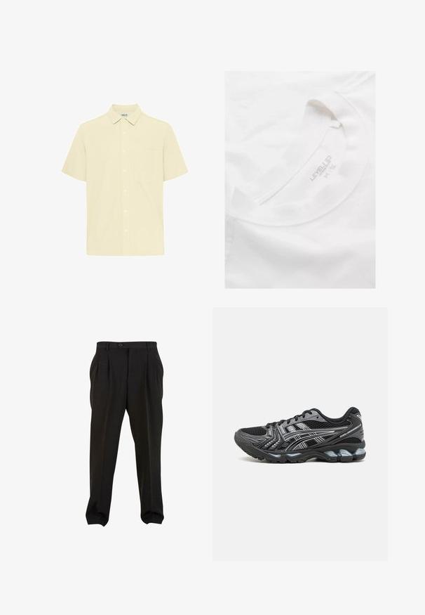 Kurzärmliges Hemd aus leicht gelbem strukturiertem Stoff. Verfügt über einen Button-Down-Kragen, eine Brusttasche und eine durchgehende Knopfleiste.; Weißes Baumwoll-T-Shirt mit Rundhalsausschnitt und weichem Material. Verfügt über ein gedrucktes Etikett im Kragen mit "LEVEL UP" und Größeninformationen.; Schwarze Hose aus glattem Stoff mit Frontfalten, einem Knopfbund und schmal zulaufenden Knöchelbündchen. Klassische, taillierte Silhouette.; Schwarze Sportschuhe mit Mesh-Obermaterial, silbernen Akzenten und gepolsterter Sohle. Verfügt über ein Schnürdesign und ein strukturiertes Profil für besseren Halt.