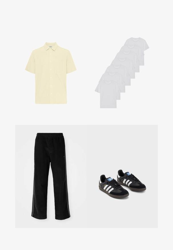 Kortærmet skjorte i lysegult tekstureret stof. Har en knap-til-krave, frontlomme og knaplukning foran.; Hvide bomulds T-shirts, korte ærmer, rund halsdesign, ensartet tekstur, stablet i en række, med diskret branding ved halsåbningen.; Sorte fløjl bukser med en afslappet pasform, der har en elastisk talje og sidelister. Glat tekstur med lodret ribbet detalje.; Sorte sneakers med en overdel i ruskind og syntetisk materiale, med tre hvide striber, struktureret gummisål og en blå logoetiket på tungen.
