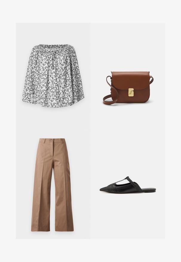 Floral blouse with a black and white pattern, featuring a relaxed fit, elasticized neckline, and short sleeves. Lightweight fabric allows for airflow.; Brown wide-leg trousers made from a smooth fabric, featuring a front button closure, two front pockets, and clean, tailored lines.; Black leather slingback shoe with a pointed toe, featuring a woven accent and pleated upper design. Flat sole with minimal hardware.; Brown leather handbag with a flap closure, gold-tone hardware, a shoulder strap, and a smooth texture. Compact rectangular shape.