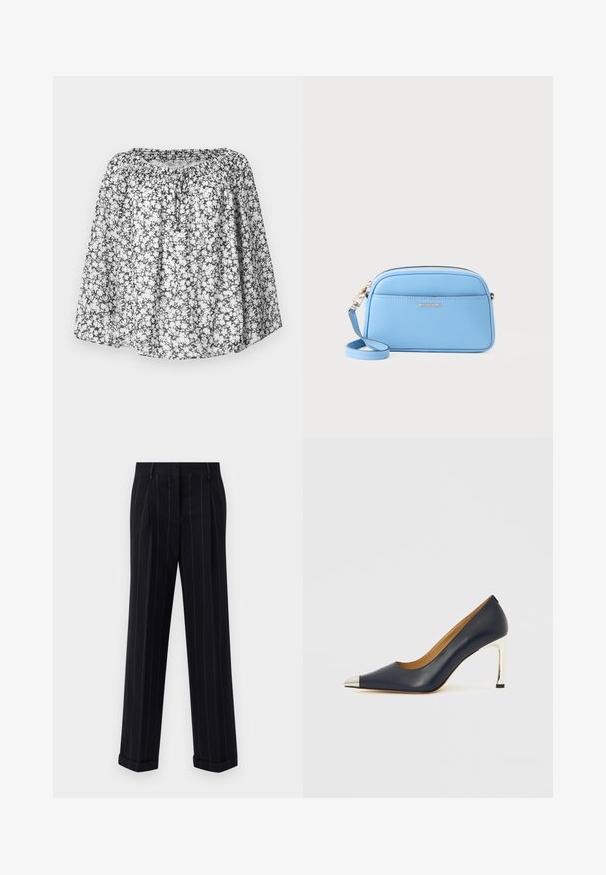 Floral blouse with a black and white pattern, featuring a relaxed fit, elasticized neckline, and short sleeves. Lightweight fabric allows for airflow.; Black pinstriped trousers with a tailored fit, featuring a cuffed hem and front pleats. Made of smooth fabric with a structured design.; Navy leather high heel shoe with a pointed toe, featuring a silver metallic cap and a shiny silver stiletto heel.; Light blue leather crossbody bag with gold-tone hardware, zip closure, and a front pocket. Features an adjustable strap for convenience.