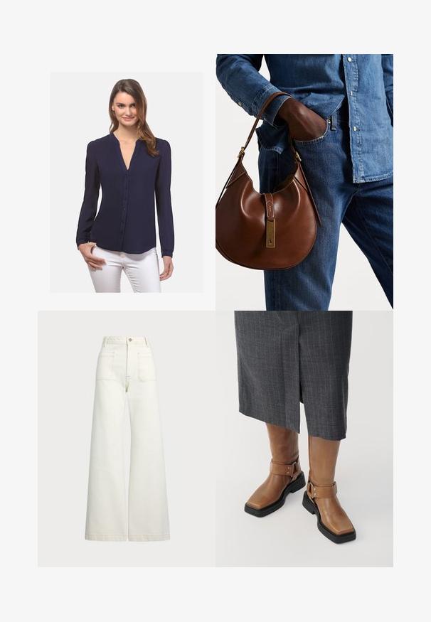 Marineblauw overhemd met lange mouwen, v-hals en subtiele plooien op de schouders, vervaardigd uit een gladde stof.; Wijd-zit jeans van off-white denim. Hooggaande taille met een knoopsluiting, twee voorzakken en contrasterende stikdetails.; Bruine leren kniehoge laarzen met een vierkante neus, zwarte rubberen zool en verstelbare gespsluiting. Draagt bij een grijze streeprok.; Bruine leren hobo tas met een rondvorm, voorzien van een gouden hardwareaccent en contrasterende stiksels. Gecombineerd met een denim shirt en jeans.