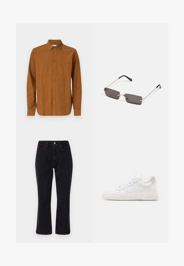 Camisa de botones de manga larga marrón, hecha de una tela suave, con un collar clásico y siete botones en el frente, con mangas rectas y puños.; Jeans de mezclilla negra con un diseño de pierna recta, estilo de cinco bolsillos, y herrajes metálicos con acentos de cobre. Textura suave y tiro medio.; Zapatillas de cuero blanca con un acabado suave, punta redondeada, cordones planos y una suela texturada. Acento de ante gris en el talón.; Gafas de sol con lentes rectangulares de color gris oscuro, montura de metal plateado y puntas de plástico negro en las patillas. Diseño ligero con almohadillas nasales.