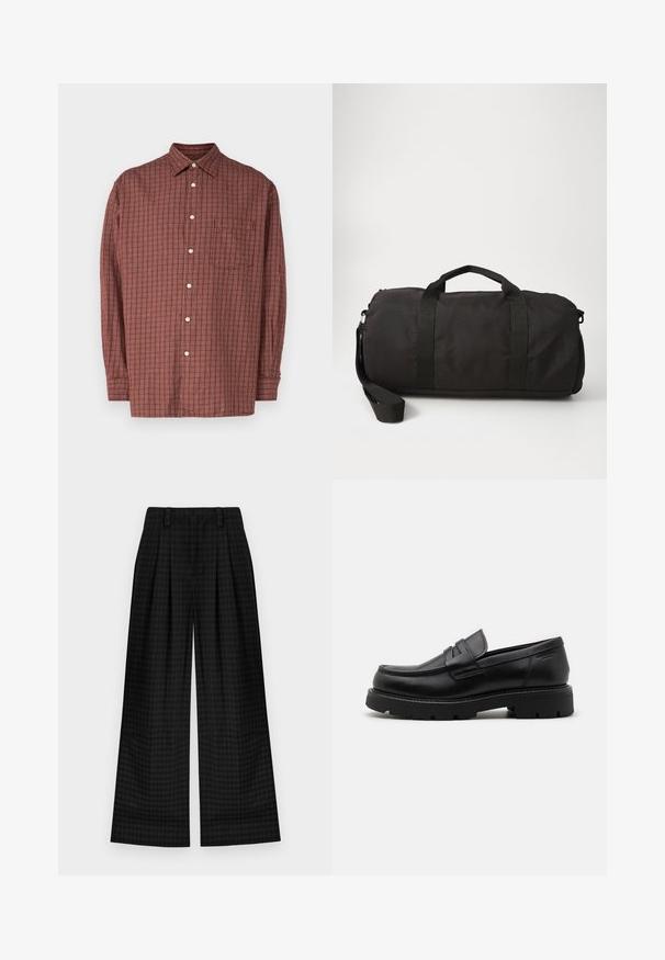 Koszula z długim rękawem zapinana na guziki w kolorze rdzawego czerwonego, w wzór w kratkę, z kieszonką i białymi guzikami, wykonana z lekkiego materiału.; Czarny bawełniany t-shirt z okrągłym dekoltem, krótkimi rękawami oraz teksturowanym owalnym logo w ciemniejszym odcieniu na wysokości klatki piersiowej. Czerwona metka z logo na dekolcie.; Czarne spodnie w szerokim kroju w kratkę z plisami, o gładkiej teksturze i klasycznym designie. Lekka tkanina zapewniająca komfort.; Czarne skórzane mokasyny z zaokrąglonym noskiem, z fakturowanymi akcentami z przodu oraz masywną gumową podeszwą z rowkami zapewniającymi przyczepność.; Czarna torba typu duffel wykonana z trwałego materiału, z dwoma górnymi uchwytami, odpinanym paskiem na ramię i gładkim, zaokrąglonym kształtem.
