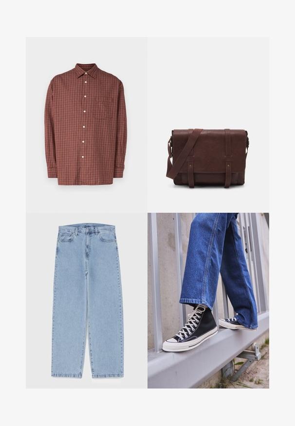 Košile s dlouhým rukávem v rezavě červené barvě s kostkovaným vzorem, obsahující kapsu a bílé knoflíky, vyrobená z lehké tkaniny.; Bílý bavlněný top na ramínka s kulatým výstřihem, širokými ramínky a rovním lemem, s hladkou texturou a bez viditelných vzorů.; Světle modré džíny s rovnými nohavicemi, středním pasem, pěti kapsami a zapínáním na knoflík a zip.; Černé vysoké tenisky s bílou podrážkou a tkaničkami, v kombinaci s volnými modrými džíny, odpočívající na šedém zábradlí.; Hnědá kožená taška přes rameno s plochým předním klopem, dvěma popruhy, zlatými kovovými detaily a nastavitelným ramenním popruhem.