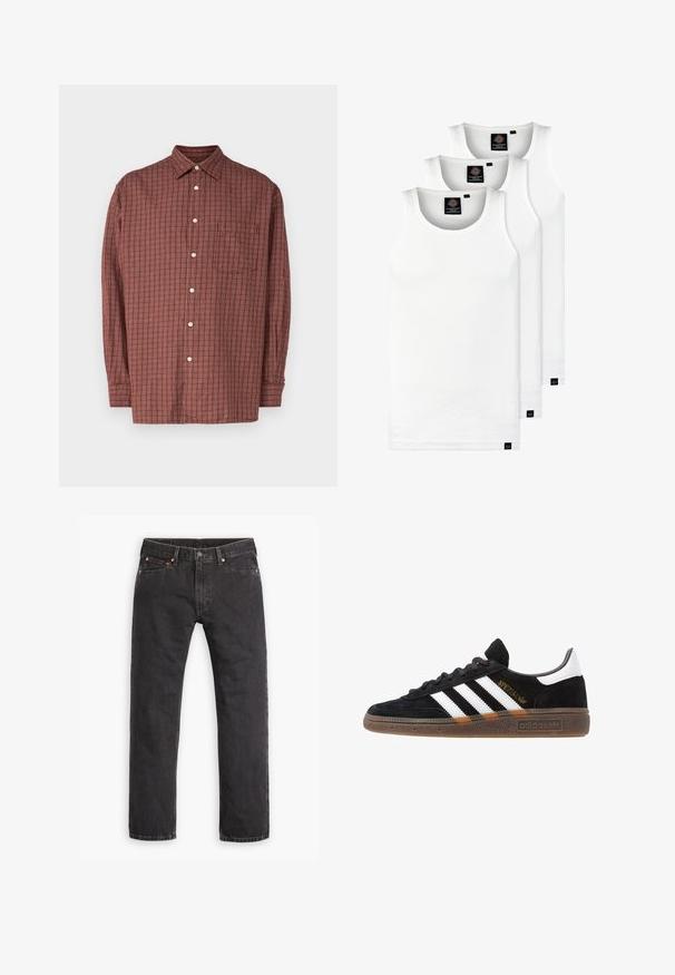 Hosszú ujjú, gombos ing rozsdavörös színben, kockás mintával, zsebbel és fehér gombokkal, könnyű anyagból készült.; Három fehér csíkos pamut trikó. Felső része kerek nyakkivágású, és a szegély közelében kis fekete címkék találhatók. Több méretben elérhető.; Fekete egyenes szabású farmernadrág, öt zsebbel, gombos záródással és réz szegeccsel, fehér háttéren elterítve.; Fekete Adidas sneaker fehér csíkokkal, arany "Spezial" felirattal, gumitalppal és fehér saroktabbal, profil nézetben bemutatva.