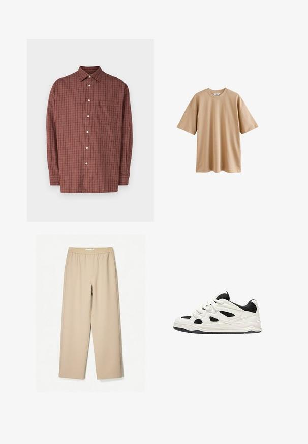 Pitkähihaista nappipaitaa ruosteenpunaisena, jossa on ruudullinen kuvio, tasku ja valkoiset napit, valmistettu keveästä kankaasta.; Vaaleanbeige lyhythihainen t-paita, joka on valmistettu puuvillasta, pyöreällä kaula-aukolla ja rentoa istuvuutta. Materiaali on sileä, eikä siinä ole kuvioita tai koristeita.; Harmaat leveät housut, joissa on joustava vyötärö, valmistettu pehmeästä kankaasta, ja joissa on sileä pinta sekä vähäiset ompeluyksityiskohdat.; Valkoiset ja mustat urheilukengät, joissa on teksturoitu pohja, sivuilla leikkauksia ja nauhoja, sekä pehmustettu takapohja tuen tarjoamiseksi.