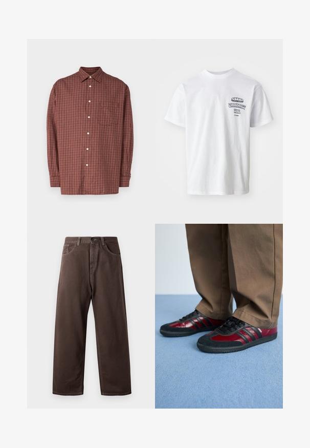 Langärmliges Hemd in rostrot mit kariertem Muster, ausgestattet mit einer Tasche und weißen Knöpfen, aus leichtem Stoff gefertigt.; Weißes Baumwoll-T-Shirt mit kurzen Ärmeln, Rundhalsausschnitt und einem grafischen Druck, der den Text "Carhartt WIP" sowie eine Lebensmittelillustration auf der Brust zeigt.; Braune weite Baumwollhosen mit einem klassischen Five-Pocket-Design, einem Reißverschluss und sichtbaren Nähdetails.; Schwarze und burgunderfarbene Sportschuhe aus Leder und Wildleder, mit schwarzen Schnürsenkeln und drei schwarzen Streifen an der Seite. Gummisohle.