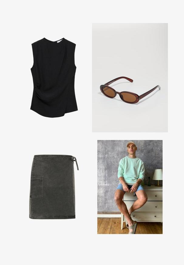 Schwarzes ärmelloses Top mit rundem Ausschnitt, weichem Stoff und einer seitlichen Drapierung für zusätzliche Textur und Form.; Grauer Denim-Rock mit geradem Schnitt, Seitentasche und verstellbarem Krawattenverschluss in der Taille. Verfügt über eine weiche Textur und minimalistisches Design.; Mintgrüner Sweatshirt, Jeansshorts und olivgrüne Slipper. Sitzt auf einer hellen Kommode vor einer strukturierten grauen Wand.; Runde, braun getönte Sonnenbrillen mit einem glänzenden burgunderfarbenen Rahmen. Schlanke Bügel mit dezentem Branding. Flaches Linsendesign.