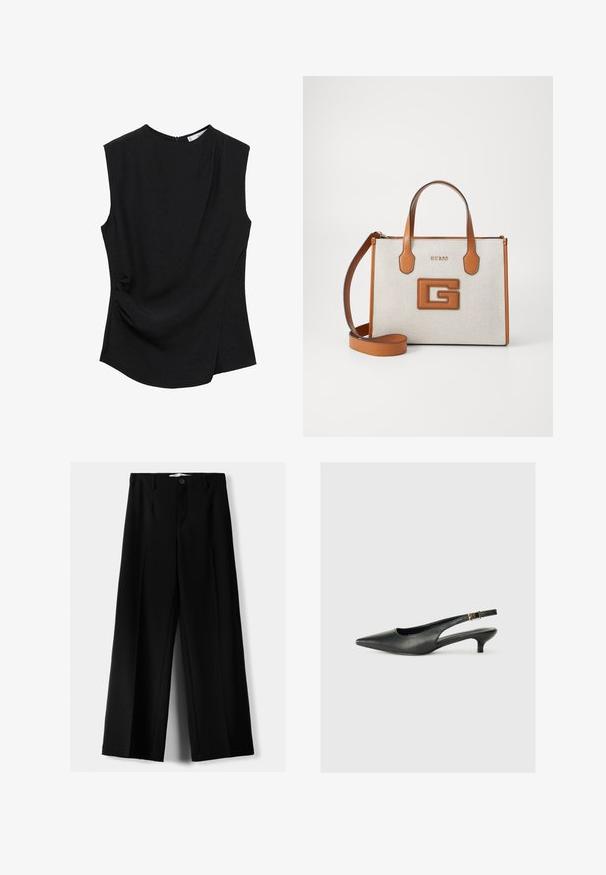 Černý bezrukávový top s kulatým výstřihem, jemnou tkaninou a poskládaným detailem na boku pro větší texturu a tvar.; Černé široké kalhoty z lehkého materiálu s předním zapínáním na knoflík a hladkým předním dílem, s pečlivě přišitými lemy.; Černá botka s špičatou špičkou a otevřenou patou vyrobená z hladké kůže. Disponuje tenkým podpatkem a detailem s přezkou na nastavitelné řemínku.; Hnědo-beige kabelka s logem, texturovaná tkanina, dvě ucha a odnímatelný ramenní popruh. Obsahuje zlaté písmeno a výrazný emblem G.
