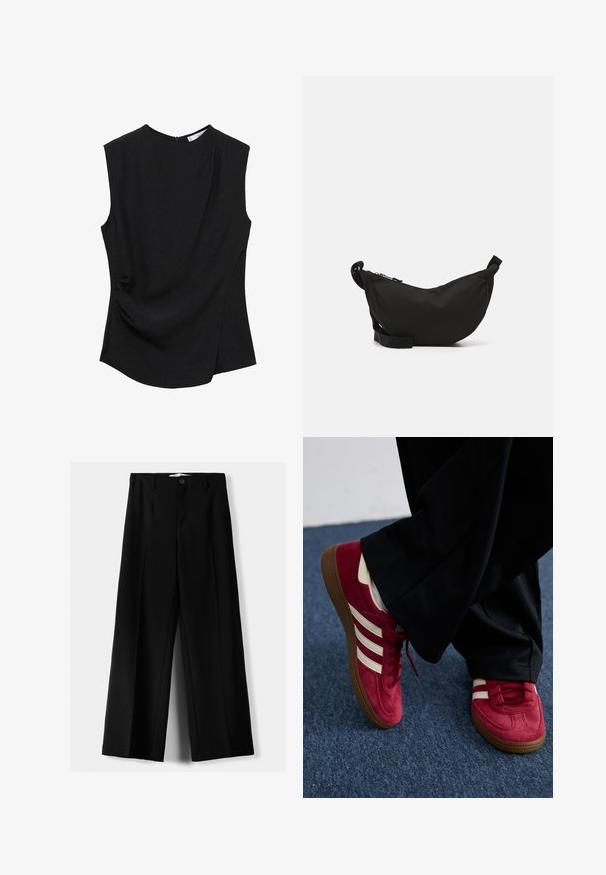 Top senza maniche nero con scollatura arrotondata, tessuto morbido e dettaglio drappeggiato sul lato per una maggiore texture e forma.; Pantaloni neri a gamba larga realizzati in tessuto leggero, caratterizzati da una chiusura frontale con bottone e frontale piatto, con orli cuciti con precisione.; Sneaker in suede rosso con strisce bianche, design con lacci e suola in gomma marrone testurizzata. Indossato con pantaloni neri, su un tappeto blu.; Borsa a tracolla nera in tessuto, con forma curva, chiusura con zip, tracolla regolabile e una piccola tasca laterale per ulteriore spazio di archiviazione.