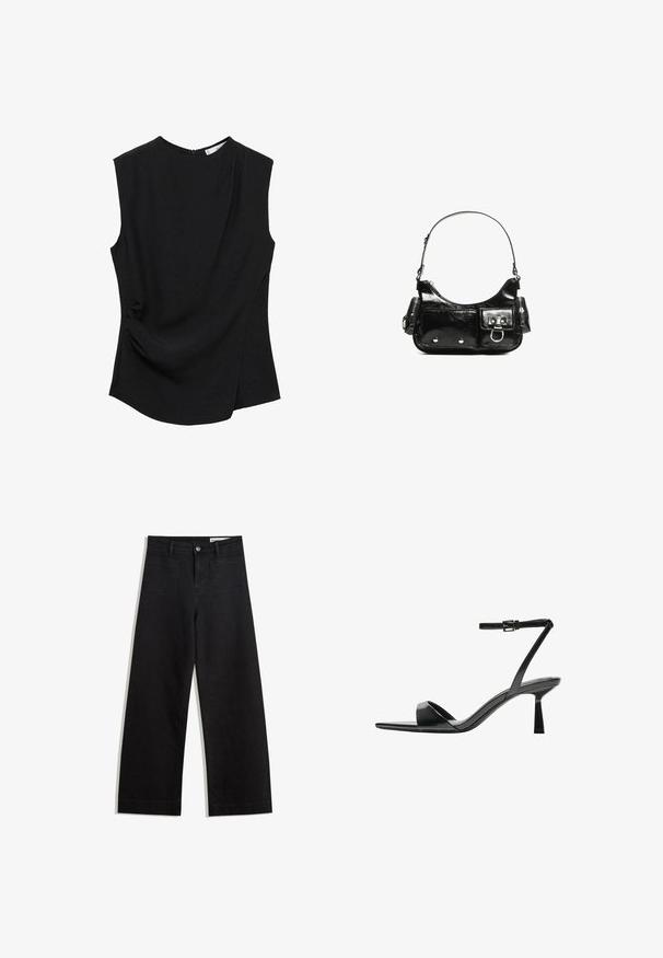 Schwarzes ärmelloses Top mit rundem Ausschnitt, weichem Stoff und einer seitlichen Drapierung für zusätzliche Textur und Form.; Schwarze weit geschnittene Jeans mit hoher Taille, ausgestattet mit Vorder- und Hintertaschen, gesteppten Nähten und einem Knopfverschluss. Glatte Textur.; Bershka High Heel Sandalette - black; Schwarze Lackleder-Handtasche mit geschwungenem Design, einem Schulterriemen, Vordertaschen und silberfarbenen Hardware-Akzenten.