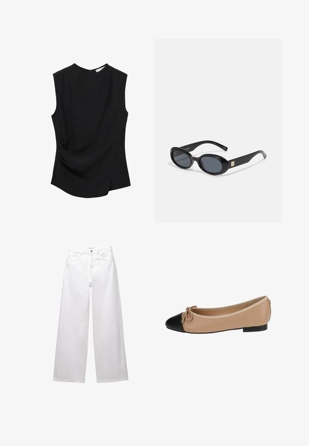 Črna brezrokavna majica z okroglim izrezom, mehkim materialom in drapiranim bočnim detajlom za dodatno teksturo in obliko.; Bele široke jeans hlače iz denima. Imajo gumbasto zapiranje, sprednje in zadnje žepe ter šivane šive. Gladka tekstura z minimalnimi detajli.; Balerinka iz bež usnja z črnim kapicom. Ima podrobnost z lokom spredaj in gladko teksturo. Nizka oblika z gumijastim podplatom.; Črne ovalne sončna očala s temnimi lečami, sijajnim plastičnim ohišjem, širokimi ročaji in majhnim zlatim naglavkom na eni strani.
