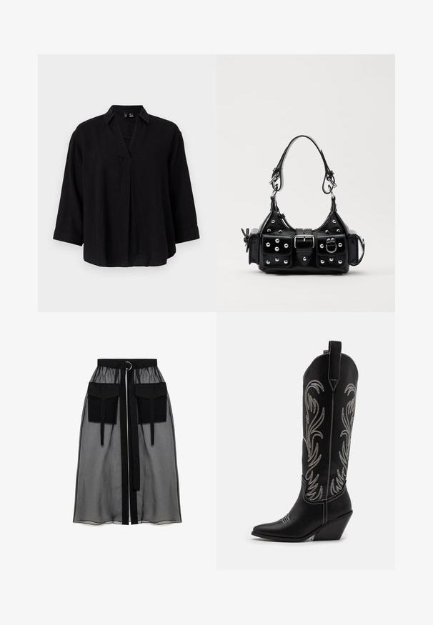 Mustmust shirt kraega ja sisemise voldiga, ¾ varrukate ja pehme tekstuuriga. Mugav lõike ja vabalt langev disain.; Must mustriga seelik, millel on kogutud vöökoht, kaks suurt esitaskut, vöötie ja ringikujuline metallaktsent.; Mustad mustad nahast cowboy saapad terava ninaga, vööndkanna ja hõbedaste tikanditega lillemustritega varred. Kontrastõmblused üle kogu.; Must värvi nahast käekott, millel on kaarjas disain, hõbedased nupukesed, kinnitusahe ja kaks külgtaskut. Reguleeritav rihm erinevate kandmisvõimaluste jaoks.