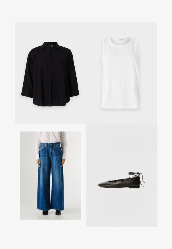 Melnas linu blūze ar apkakles izgriezumu, ¾ garuma piedurknēm un frontālo krokas noformējumu. Maiga tekstūra un brīvs piegriezums.; Balts bez piedurknēm tops, kas izgatavots no mīkstas kokvilnas. Iespējo apaļu dekoltē un taisnu griezumu. Vienkāršs dizains bez redzamām rakstu vai akcentu detaļām.; Zili-snapjā labi bikses ar augstu vidukli, izgatavotas no denima, ar priekšējām kabatām un pogu aizdari. Gluda tekstūra ar klasisku mazgāšanu.; Melnas ādas baleta kurpes ar smailu purngalu, potītes saitēm un plakanu zoli, kas izceļas ar gludu tekstūru un minimālistisku dizainu.
