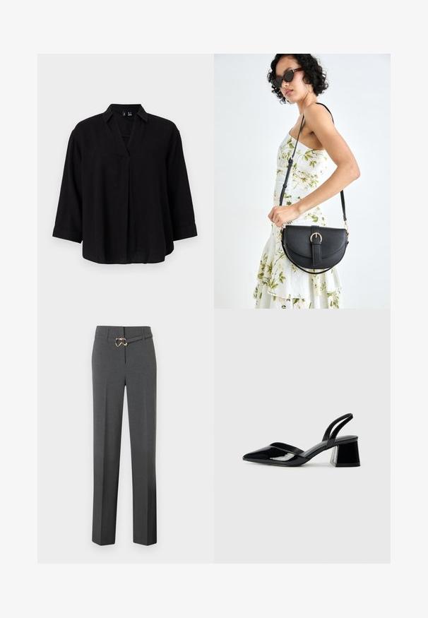 Schwarze Leinenbluse mit kragenlosem Ausschnitt, ¾-Ärmeln und einer vorderen Faltenlegung. Weicher Stoff und lockerer Schnitt.; Dunkelgraue, maßgeschneiderte Damenhose mit geraden Beinen und einem dünnen, passenden Gürtel mit goldfarbener Schnalle.; Schwarze Lackleder-Slingback-High Heels mit spitzem Schuh und einem geometrischen Blockabsatz. Verfügt über ein schlankes, minimalistisches Design und eine glatte Textur.; Schwarze Lederhandtasche mit geschwungener Form, abnehmbarem Tragegurt und goldenen Beschlägen. Die Tasche verfügt über einen Deckel mit einer Schnallen-Details.