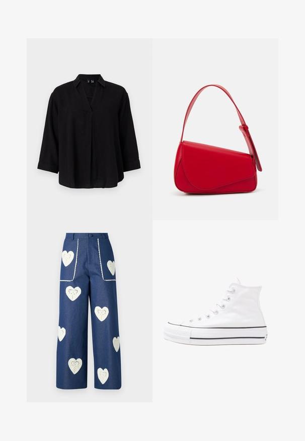 Mustapellavilla paita, jossa on kauluskäänne, ¾-hihat ja etuviilto. Pehmeä tekstuuri ja rento istuvuus.; Sister Jane HEART TO HEART - Straight leg -farkut - blue denim; Valkoiset korkeavartiset kangaskengät mustalla kumipohjalla, edessä kuminen varvasosa ja kuusi nauha-aukkoa, puhtaan minimalistisella muotoilulla.; Punainen nahkalaukku, jossa on kulmikas, geometrinen muotoilu. Varustettu yhdellä säädettävällä hihnalla ja läpällä, jossa on ommeltu yksityiskohtia.