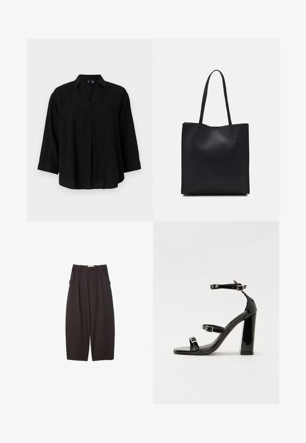 Sort linned bluse med krave, ¾ ærmer og frontplissédetaljer. Blød tekstur og afslappet pasform.; Sorte brede bukser lavet af et glat stof, med høj talje, forfaldne folder og sidelommer. Simpelt design uden udsmykninger.; Sorte patenterede hælsandaler med firkantet tå, ankelremme og sølvspænder. Har en chunky blokHæl for stabilitet.; Sort læder tote taske med glat tekstur, rektangulær form og to lange hanke. Ingen synlig hardware eller udsmykninger.