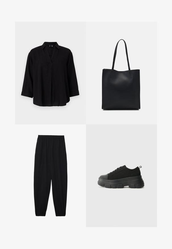 Melnas linu blūze ar apkakles izgriezumu, ¾ garuma piedurknēm un frontālo krokas noformējumu. Maiga tekstūra un brīvs piegriezums.; Melnas, vieglas bikses ar elastīgu jostu un savilktiem potītiem. Audums ir gluds un to raksturo brīva, sašaurināta forma.; Melnas kedas ar masīvu gumijas zoli, teksturētu auduma augšdaļu, apaļu purngalu un saistīšanas dizainu. Iekļautas pastiprinātas acs atveres un aizmugurējais cilpiņas siksniņa.; Melnas ādas somiņa ar gludu tekstūru, taisnstūra formu un divām garām rokturiem. Nav redzamu aparatūras vai rotājumu.