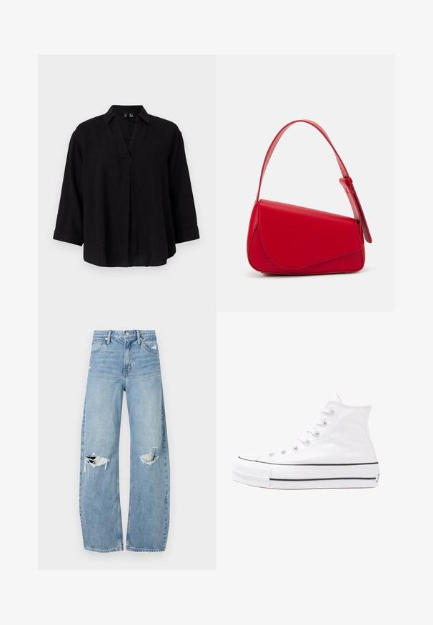 Blusa nera in lino con colletto, maniche ¾ e dettaglio di piega frontale. Tessuto morbido e vestibilità comoda.; Jeans azzurri chiari a vita alta realizzati in denim. Presentano gambe larghe, due aree strappate sulle ginocchia e il classico styling a cinque tasche.; Sneaker alta in tela bianca con suola in gomma nera, punta in gomma frontale e sei asole per i lacci, caratterizzata da un design pulito e minimalista.; Borsa a tracolla in pelle rossa con un design angolare e geometrico. Presenta una singola tracolla regolabile e una chiusura a patta con dettagli cuciti.