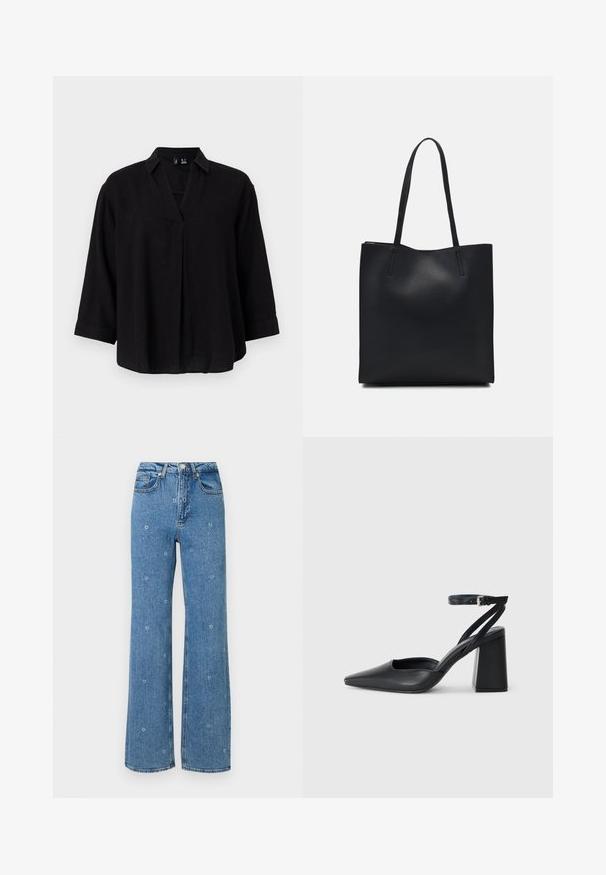 Crna lanena bluzica s ovratnikom, rukavima do ¾ i prednjim naborom. Mekana tekstura i opušteni kroj.; Plave traperice visoki struk ravnog kroja s malim bijelim cvjetnim vezom razbacanim po tkanini.; Crne kožne cipele s špicastim vrhom, remenom oko gležnja i debelim potplatom. Ravna tekstura, elegantan dizajn i minimalistička estetika.; Crna kožna torba za nošenje s glatkom teksturom, pravokutnim oblikom i dvije duge ručke. Nema vidljivih metalnih dijelova ili ukrasa.