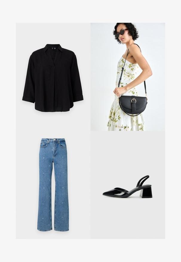 Crna lanena bluzica s ovratnikom, rukavima do ¾ i prednjim naborom. Mekana tekstura i opušteni kroj.; Plave traperice visoki struk ravnog kroja s malim bijelim cvjetnim vezom razbacanim po tkanini.; Crne lakirane kožne sandale s otvorenom petom i špicastim vrhom, s geometrijskom blok petom. Imaju elegantan, minimalistički dizajn i glatku teksturu.; Crna kožna torba s lukovitim oblikom, odvojivim remenom i zlatnim detaljima. Torba ima preklop s kopčom.