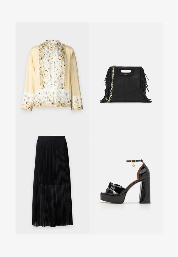 MUNTHE FAIZA - Paitapusero - creme; Mustan laskostetun midihameen, jossa on sileä, joustava vyötärönauha ja läpikuultava päällyskangas, jossa on hienoja pystylaskoksia koko kankaan ajan.; Maje Korolliset sandaalit - noir; Musta nahkakäekott, millel on frantsiisidetailid, kuldne õlgade rihm ja lõikega käepide. Ees on logo paigutus.