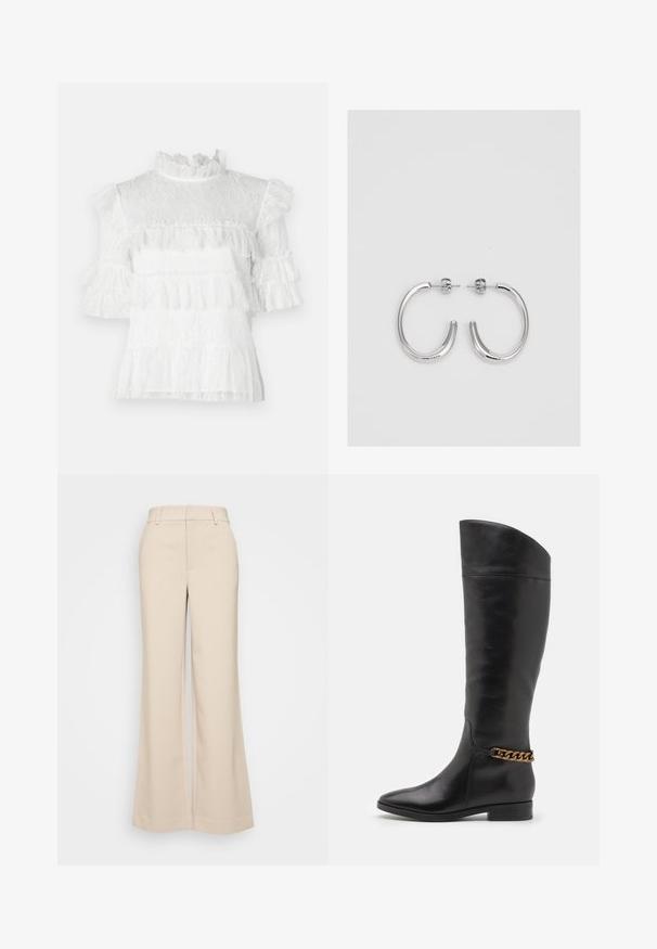 Biela čipkovaná blúzka s krátkymi volánovými rukávmi, vysokým výstrihom a vrstvenými volánovými detailmi. Textúrovaný kvetinový vzor po celom povrchu.; Bežové nohavice s širokými nohavicami a hladkou textúrou, s vysokým pásom a dvoma prednými vreckami. Čistý dizajn s prispôsobeným strihom.; Vysoké čierne kožené čižmy so štíhlym dizajnom, špicatou špičkou a zlatým reťazovým akcentom na členku. Nízky blokový podpätok. Hladká textúra.; Strieborné kruhové náušnice s hladkým a lesklým povrchom. Okrúhly tvar, ľahký dizajn, s uzáverom na kolík.