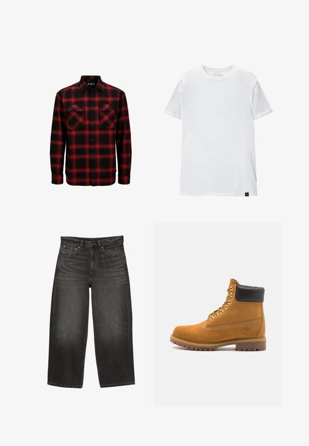 Červená a černá kostkovaná flanelová košile se dvěma náprsními kapsami, zapínáním na knoflíky a límečkem. Vyrobena z měkké, strukturované látky.; Bílá tričko s těsným střihem vyrobené z bavlny. Kolečkový výstřih, krátké rukávy, hladká textura. Malá černá visačka s logem na lemu. Jednoduchý design.; Černé široké džíny s předními kapsami, poutky na opasek a zapínáním na knoflíček, vykazující jemné vyblednutí a škrábance.; Hnědé semišové kotníkové boty s černým polstrovaným límcem, zlatými kovovými očky, bílým prošíváním a odolnou gumovou podrážkou s výraznými drážkami.