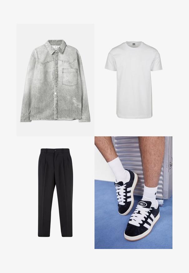 Pelēka denima krekls ar pogām uz priekšu, norādītu apkakli, krūšu kabatu un nolietojuma detaļām. Iezīmē teksturētu apdari un standartizētu piegriezumu.; Balta kokvilnas T-krekls ar apaļu kaklaizgriezumu, īsām piedurknēm un brīvu piegriezumu. Etiķete norāda "URBAN CLASSICS". Gluda tekstūra, bez rakstiem vai akcentiem.; Melni brīvie bikses ar krokotu priekšpusi, izgatavotas no gludas auduma. Iespējama poga aizdare un jostas cilpas; taisnu kāju forma.; Melni zamšaini sporta apavi ar baltiem šņorēm un trim baltām svītrām. Iekļauj arī apaļu melnu logotipu uz mēles un gumijas zoli.