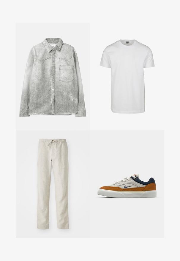 Pilkas džinsinis marškinis su mygtukų uždarymu priekyje, smailiu apykakle, krūtine kišene ir nusidėvėjusiais akcentais. Yra tekstūruotas paviršius ir standartinė prigludimo forma.; Balta medvilninė marškinėliai su apvalia iškirpte, trumpomis rankovėmis ir laisvu kirpimu. Etiketėje užrašyta "URBAN CLASSICS." Lygus paviršius, be raštų ar akcentų.; Šviesiai smėlio spalvos lininės kelnės su tiesiais džinsais, elastinga juosta, reguliuojama raišteliu ir be matomų raštų ar detalių.; Baltos sportiniai bateliai su tamsiai mėlynais ir oranžiniais zomšiniais akcentais, turintys tekstūruotą paviršių, raištelių užsegimą ir guminiu padu. „Nike“ logotipas šone.