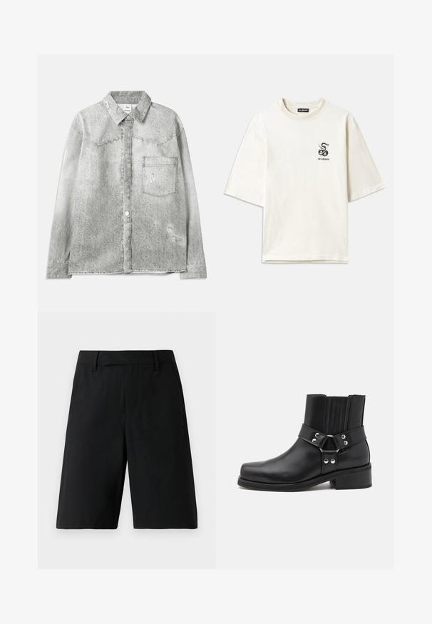 Grijze denim shirt met een knoopsluiting aan de voorkant, puntige kraag, borstzak en versleten details. Kenmerkt zich door een gestructureerde afwerking en een standaard pasvorm.; Crème-kleurige oversized T-shirt van katoen. Heeft korte mouwen en een kleine zwarte slang graphic op de linkerborst.; Zwarte op maat gemaakte knielange shorts met ceintuurlussen, een vlakke voorkant en zijzakken tegen een effen lichte achtergrond.; The Kooples CHAUSSURES - Cowboy-/Bikerlaarsjes - black