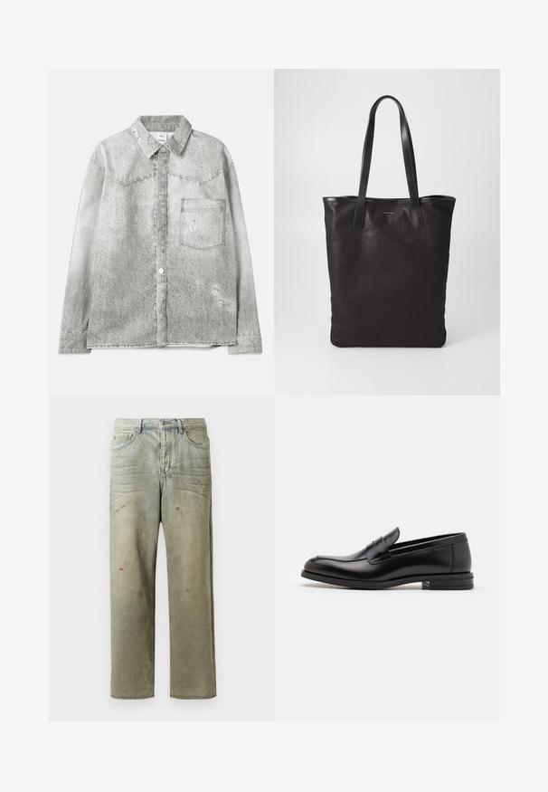 Hall grey denim särg nupuvtõmbega esiosas, terava kraega, rinnakotiga ja kulunud detaile. Omab tekstureeritud viimistlust ja standardset lõiget.; Karmiinroheline kulunud denim teksapüksid, millel on sirge jalg, viie taskuga disain ning ebaühtlane pleekimine koos värvikrõpsudega.; Mustad mustad nahast loafers sileda tekstuuriga, ümarat ninaosa ja dekoratiivne riba vampi üle. Madal kihiline konts, minimalistlik disain.; Mustmust kott mustade nahkade käepidemetega. Lihtne disain, avar keha ja sile tekstuur. Pole nähtavaid logosid ega mustreid.