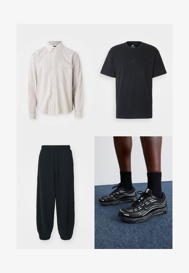 Hosszú ujjú, fehér, gombos ing vékony, függőleges piros csíkokkal, amelyen egy kis piros és kék logóval ellátott mellzseb található.; Fekete pamut póló Nike márkájú, klasszikus, kerek nyakú, rövid ujjú, és letisztult, dombornyomott logóval a mellkason. Simább textúra.; Fekete, rugalmas derékpántos melegítőnadrág, laza fit, véget érő szárakkal, sima textúrával, látható minták vagy hardver díszek nélkül.; Fekete Nike cipők hálós felsőrésszel, kiemelő csíkokkal, texturált fűzővel és fekete gumitalppal rendelkeznek. Fekete bordázott zoknikkal viselve.