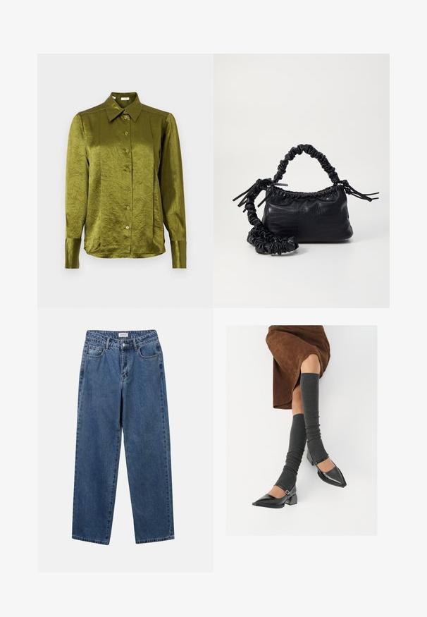 Olivno zelena, s long sleeves, gumbasta bluzica s ostro kragnom in nekoliko sijočim, teksturiranim materialom na enobarvni podlagi.; Klasične modre jeans hlače s ravnim krojem, petimi žepi in gumbom za zapiranje. Imajo srednje pranje in trdno teksturo.; Črne lakirane čevlje s pointy prsti in blok peto ter z naramnicami za gleženj, ki jih kombiniramo s sivimi rebrastimi nogavicami in rjavim suknjičem iz usnja.; Črna torbica iz umetnega usnja s krokodilovo teksturo, z zvitim vrhom in zmečkano naramico. Zdi se mehka in kompaktna v oblikovanju.