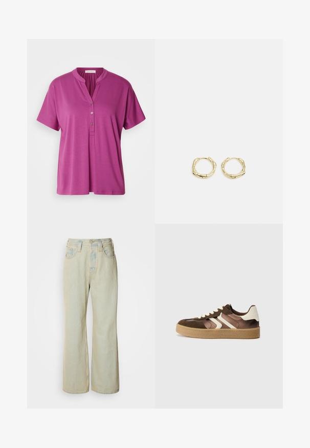 Paarse blouse met korte mouwen, een mandarin kraag en een drieknoopsluiting. Gemaakt van een gladde, lichte stof. Eenvoudig ontwerp.; Lichtblauwe wijde jeans van denim, met een hoge taille, vijf zakken en subtiele vervaging met contrasterende stiksels.; Bruine en crèmekleurige sneakers van een combinatie van suede en satijn, met drie diagonale strepen en een gestructureerde gumrubberen zool.; Gouden creolen met een textuur en onregelmatige vorm. Voorzien van een naadloze sluiting en een gepolijste afwerking, wat het moderne ontwerp benadrukt.