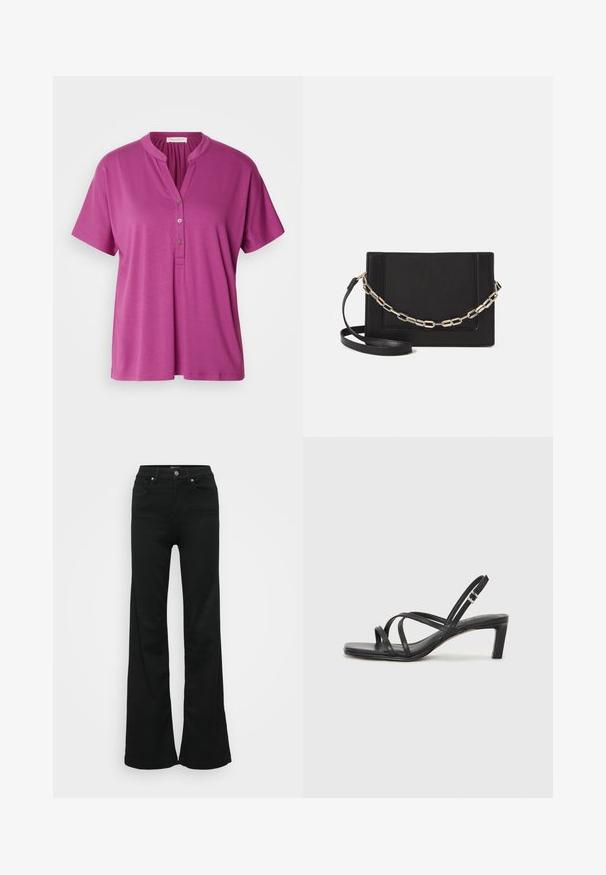 Blouse violette à manches courtes avec col mandarin et patte de boutonnage à trois boutons. Fabriquée dans un tissu lisse et léger. Design simple.; Jean noir évasé en denim, doté d'une taille haute, de cinq poches et d'une fermeture à bouton en métal. Texture lisse avec un minimum de détails.; Sandale noire à lanières avec un bout carré et un petit talon bloc. Elle présente plusieurs fines lanières et une sangle de cheville ajustable. Fabriquée en cuir lisse.; Sac bandoulière en cuir noir avec une texture lisse, de forme rectangulaire et un détail en chaîne métallique à l'avant. Sangle réglable incluse.