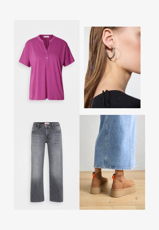 Lila Bluse mit kurzen Ärmeln, Mandarin-Kragen und einer drei-Knopf-Leiste. Aus einem glatten, leichten Stoff gefertigt. Schlichtes Design.; Graue Jeans aus Denim mit geradem Bein, fünf Taschen, dezentem Verblassen und einem Knopfverschluss in der Taille.; Braune Wildleder-Plateau-Stiefel mit elastischen Seitenpaneelen und orangen Zuglaschen, kombiniert mit einem knielangen hellen Jeansrock auf einem Holzboden.; Silberne Creolen mit polierter Oberfläche, die kleine goldene Akzentdetails und eine runde Form aufweisen, am Ohrläppchen getragen.