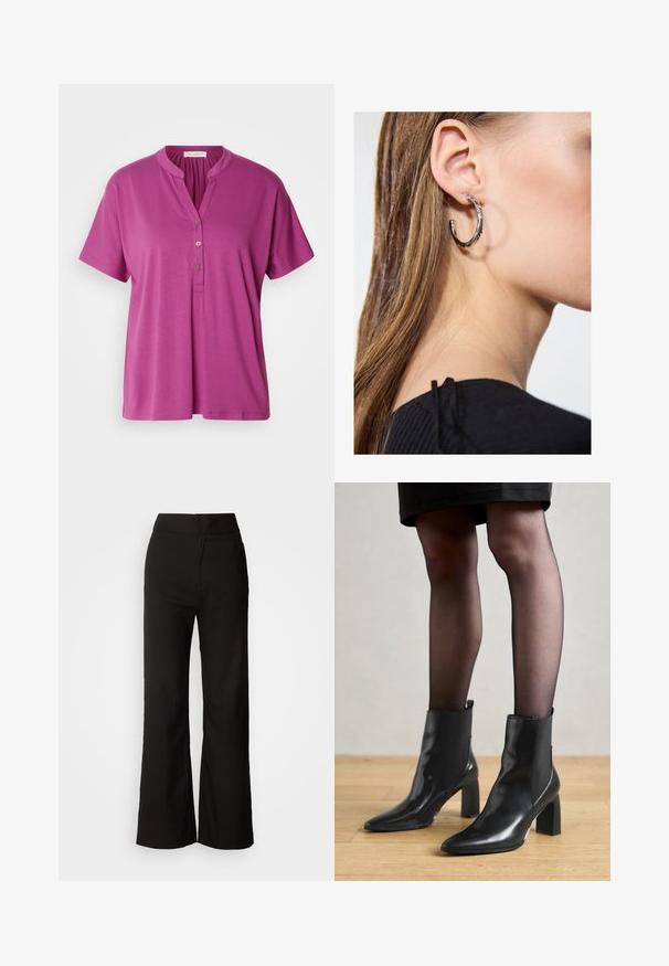 Vijolična bluzica s kratkimi rokavi in mandarin ovratnikom ter zapenjanjem na tri gumbe. Izdelana iz gladkega, lahkega materiala. Preprost dizajn.; Črne široke hlače z gladko teksturo, visokim pasom in čistim dizajnom. Brez vidnih žepov ali okrasnih elementov.; Črne usnjene gležnjarje s koničastim nosom, masivnim kvadratnim petam in sleek oblikovanjem. Imajo elastične stranske panele za enostavno obuvanje.; Srebrna obročasta uhana s polirano površino, ki vključuje majhne zlate poudarke in okroglo obliko, nošena na ušesnem lobu.