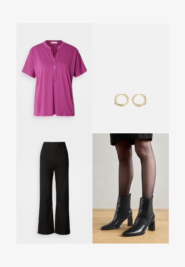 Blouse violette à manches courtes avec col mandarin et patte de boutonnage à trois boutons. Fabriquée dans un tissu lisse et léger. Design simple.; Pantalons noirs à jambes larges avec une texture lisse, taille haute et un design épuré. Pas de poches visibles ni d'embellissements.; Bottines en cuir noir avec un bout pointu, un talon carré épais et un design élégant. Présente des panneaux latéraux élastiques pour un enfilage facile.; Boucles d'oreilles en or en forme de cerceau avec une texture et une forme irrégulière. Présentent une fermeture sans couture et une finition polie, soulignant un design moderne.