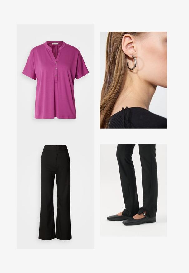 Purple short-sleeve blouse with a mandarin collar and three-button placket. Made from a smooth, lightweight fabric. Simple design.; Black wide-leg trousers with a smooth texture, high waist, and a clean design. No visible pockets or embellishments.; Black leather ballet flats with a pointed toe, strap with silver buckle, paired with black tailored pants featuring a slit hem.; Silver hoop earring with a polished finish, featuring small gold accent details and a round shape, worn on the lobe.